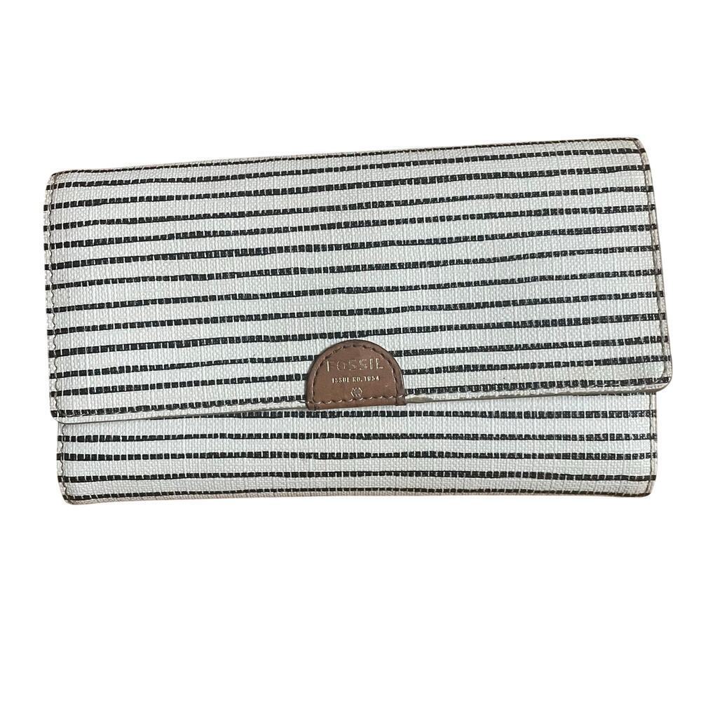 Fossil‎ Sydney Flip Clutch Black Stripe Wallet Minimalist Preppy Leather